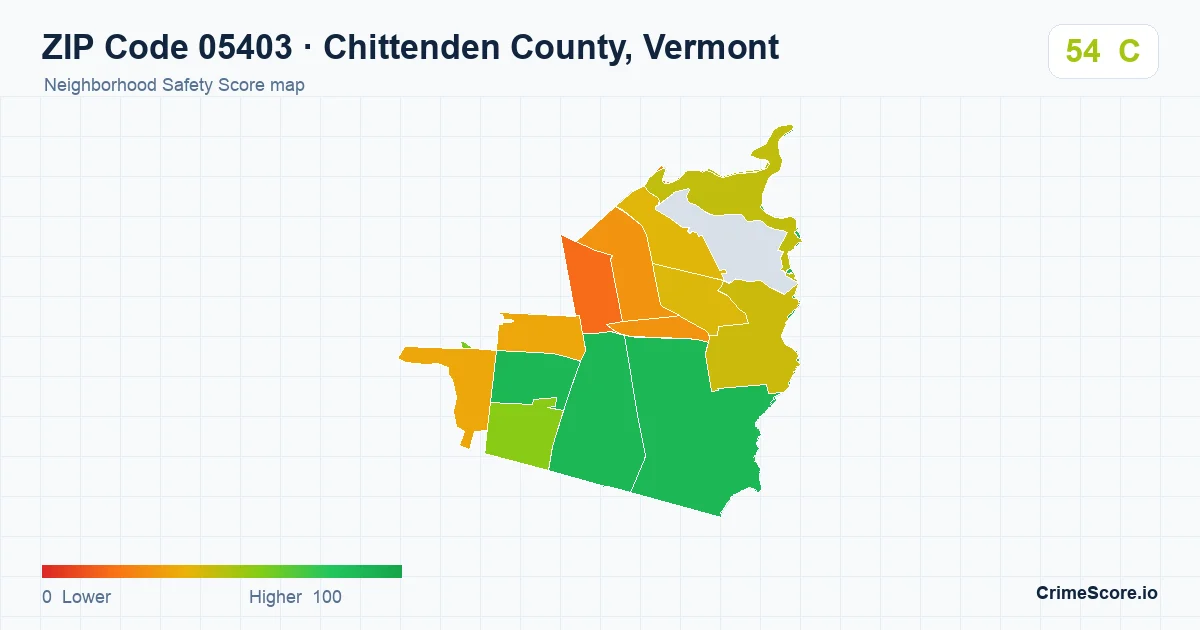 ZIP Code 05403 in Chittenden County, Vermont neighborhood Safety Score map