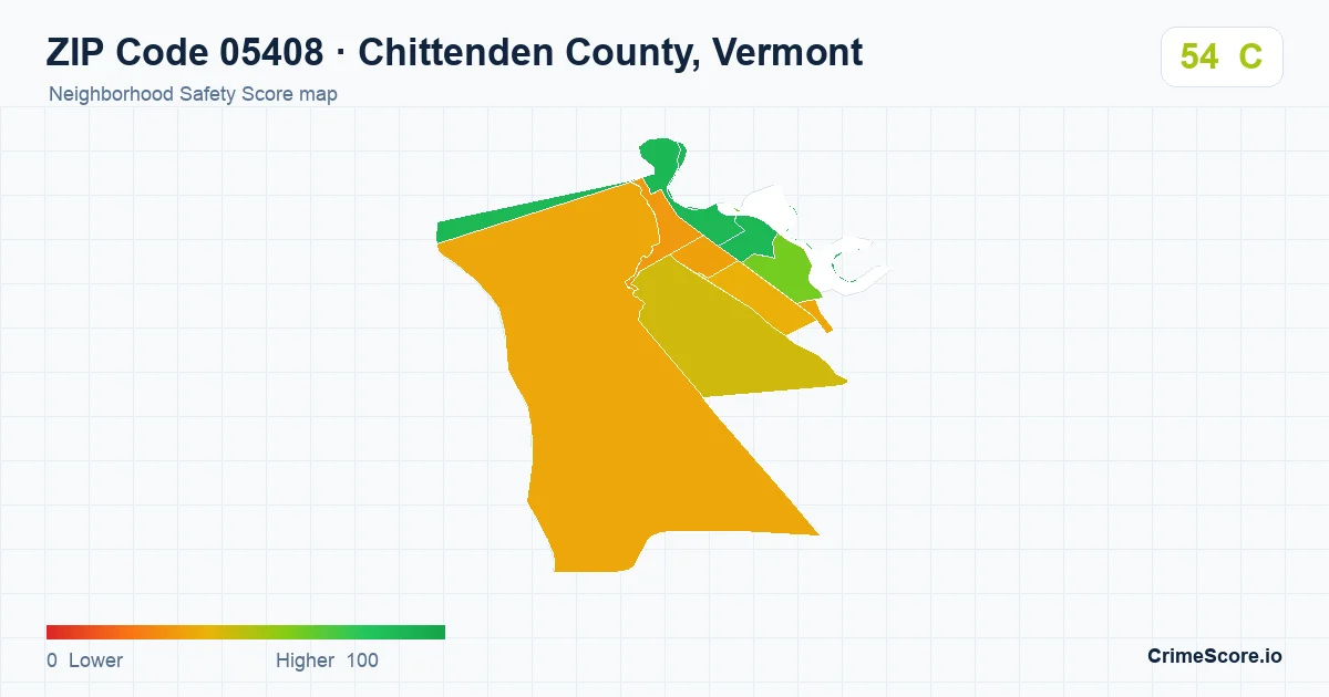 ZIP Code 05408 in Chittenden County, Vermont neighborhood Safety Score map