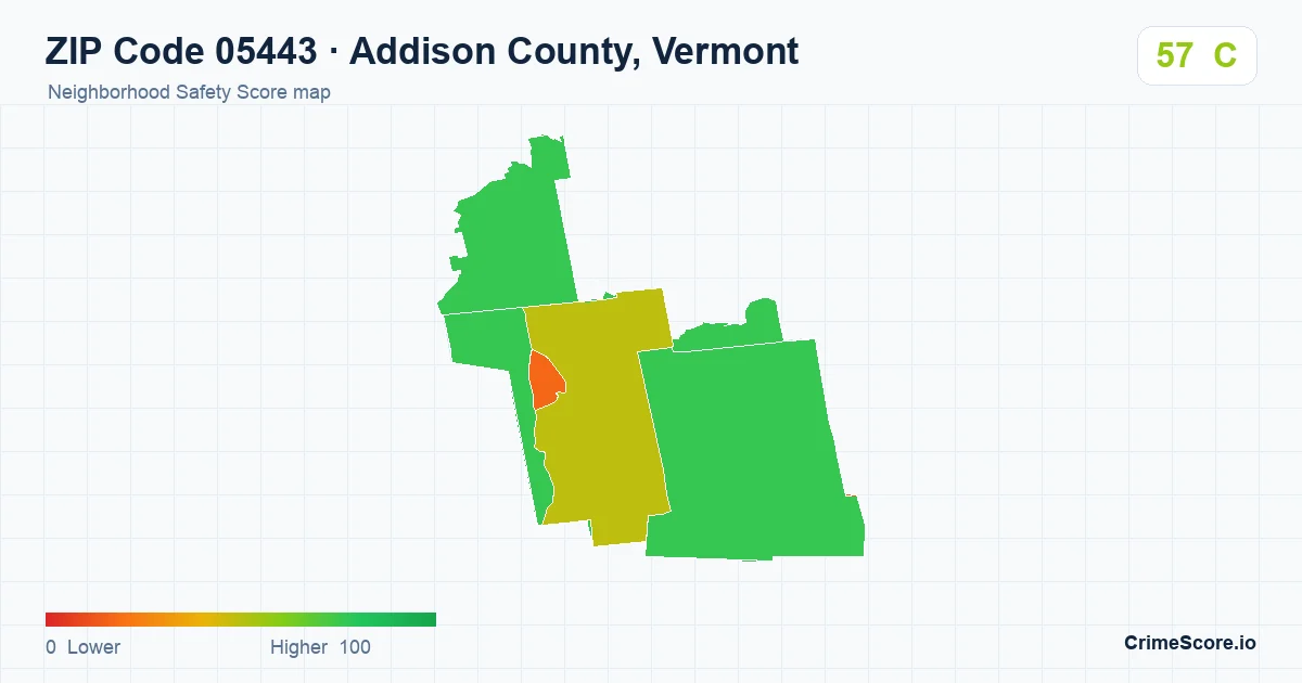 ZIP Code 05443 in Addison County, Vermont neighborhood Safety Score map