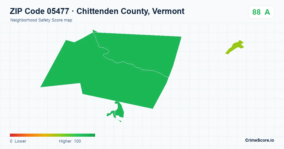 ZIP Code 05477 in Chittenden County, Vermont neighborhood Safety Score map