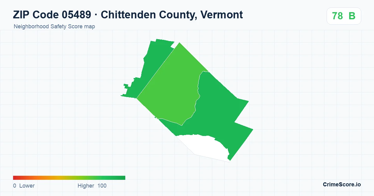 ZIP Code 05489 in Chittenden County, Vermont neighborhood Safety Score map
