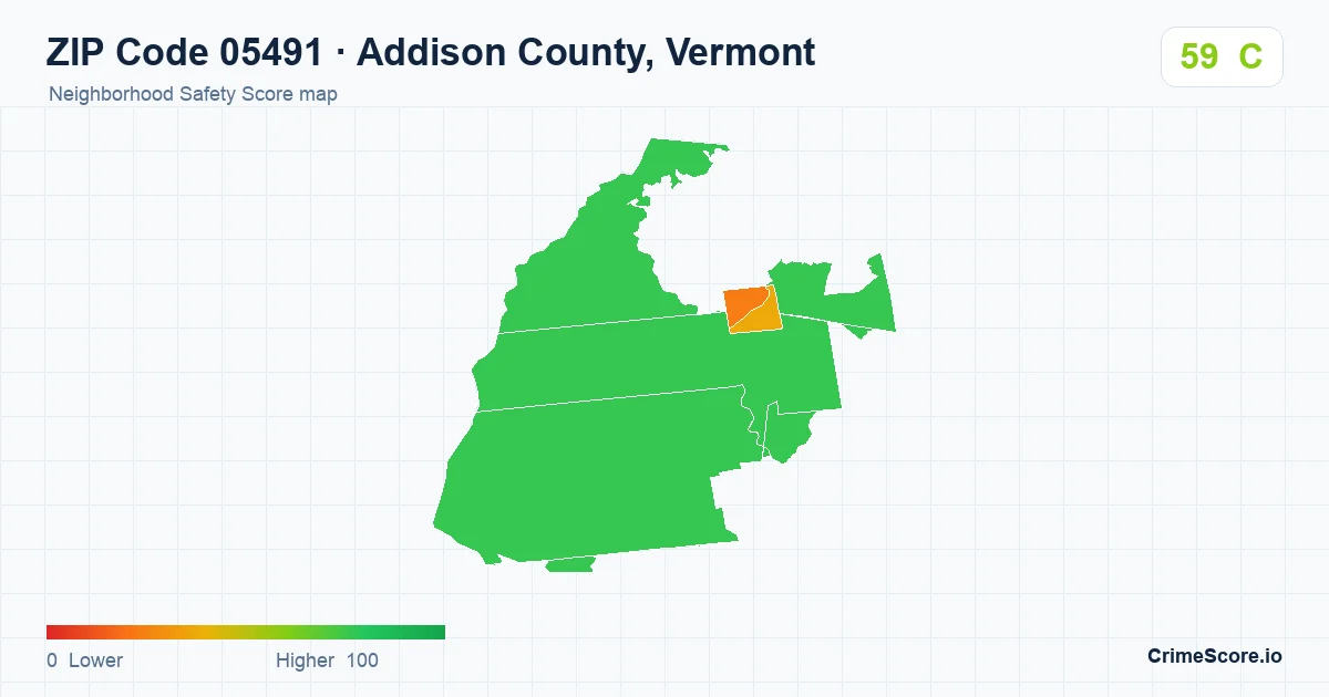 ZIP Code 05491 in Addison County, Vermont neighborhood Safety Score map