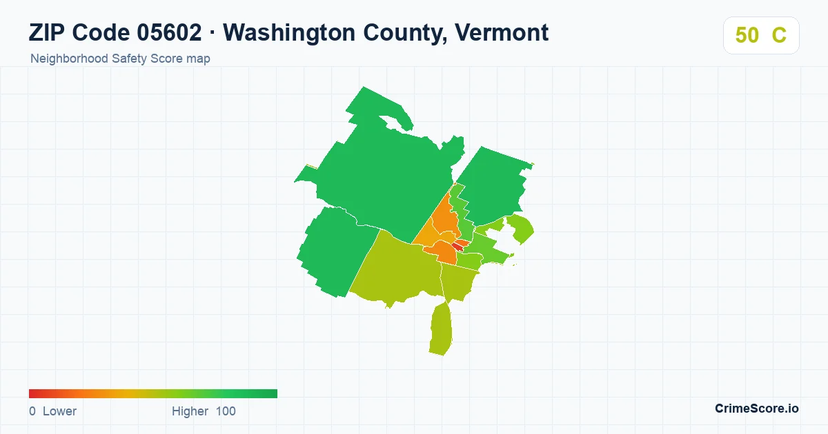 ZIP Code 05602 in Washington County, Vermont neighborhood Safety Score map