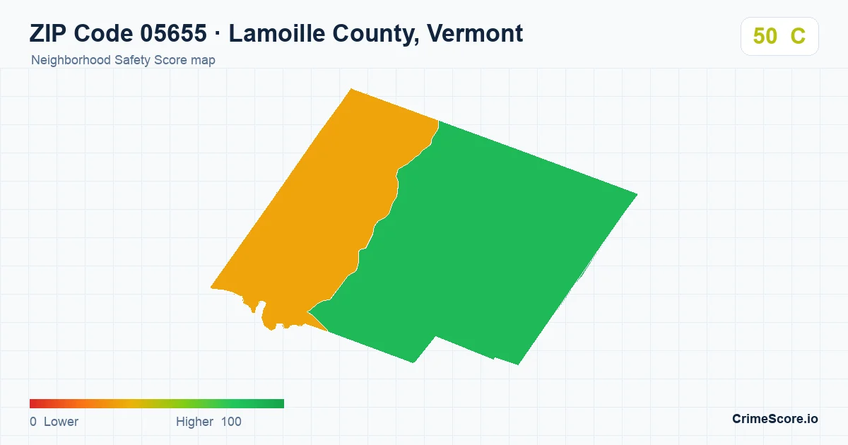 ZIP Code 05655 in Lamoille County, Vermont neighborhood Safety Score map