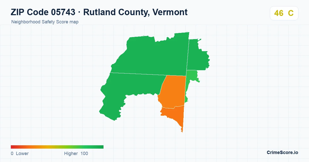 ZIP Code 05743 in Rutland County, Vermont neighborhood Safety Score map
