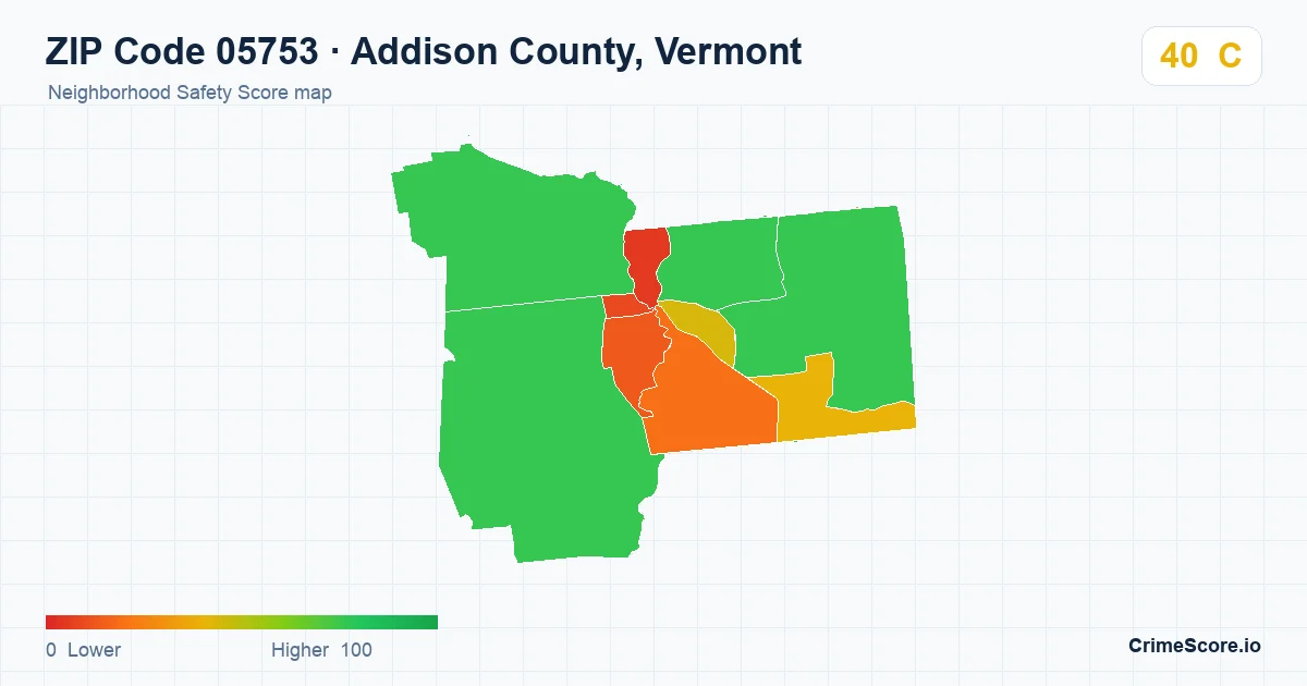 ZIP Code 05753 in Addison County, Vermont neighborhood Safety Score map