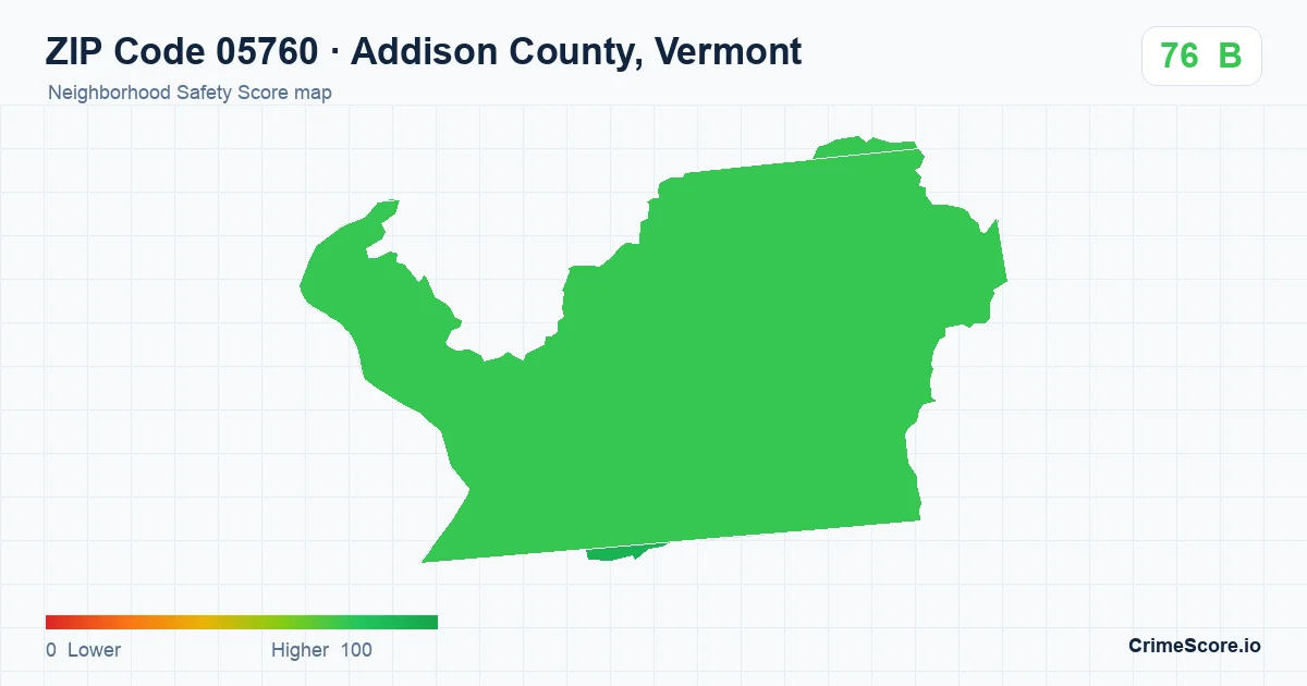 ZIP Code 05760 in Addison County, Vermont neighborhood Safety Score map