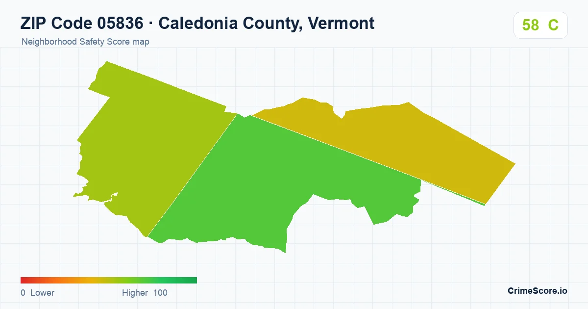 ZIP Code 05836 in Caledonia County, Vermont neighborhood Safety Score map