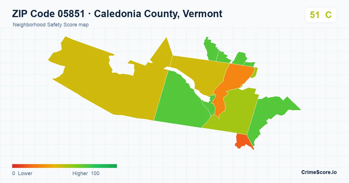 ZIP Code 05851 in Caledonia County, Vermont neighborhood Safety Score map