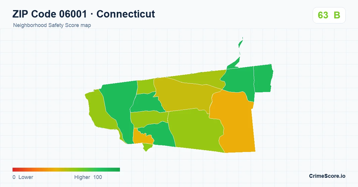 ZIP Code 06001 in Connecticut neighborhood Safety Score map