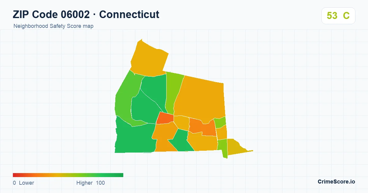 ZIP Code 06002 in Connecticut neighborhood Safety Score map