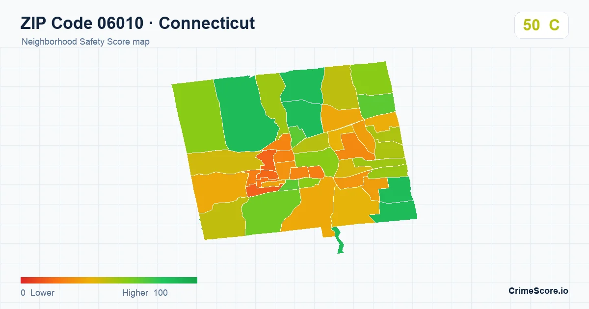 ZIP Code 06010 in Connecticut neighborhood Safety Score map