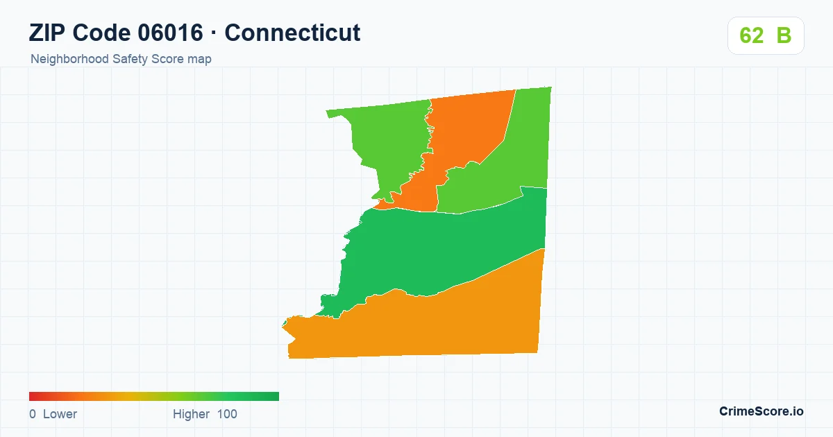 ZIP Code 06016 in Connecticut neighborhood Safety Score map