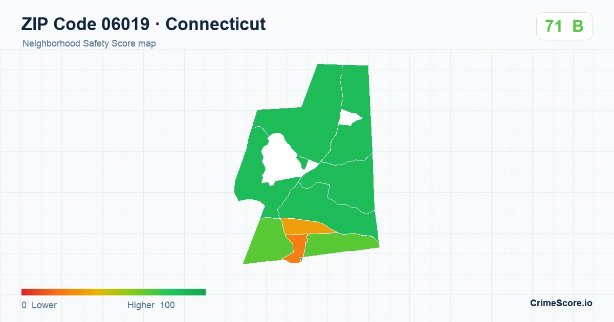 ZIP Code 06019 in Connecticut neighborhood Safety Score map
