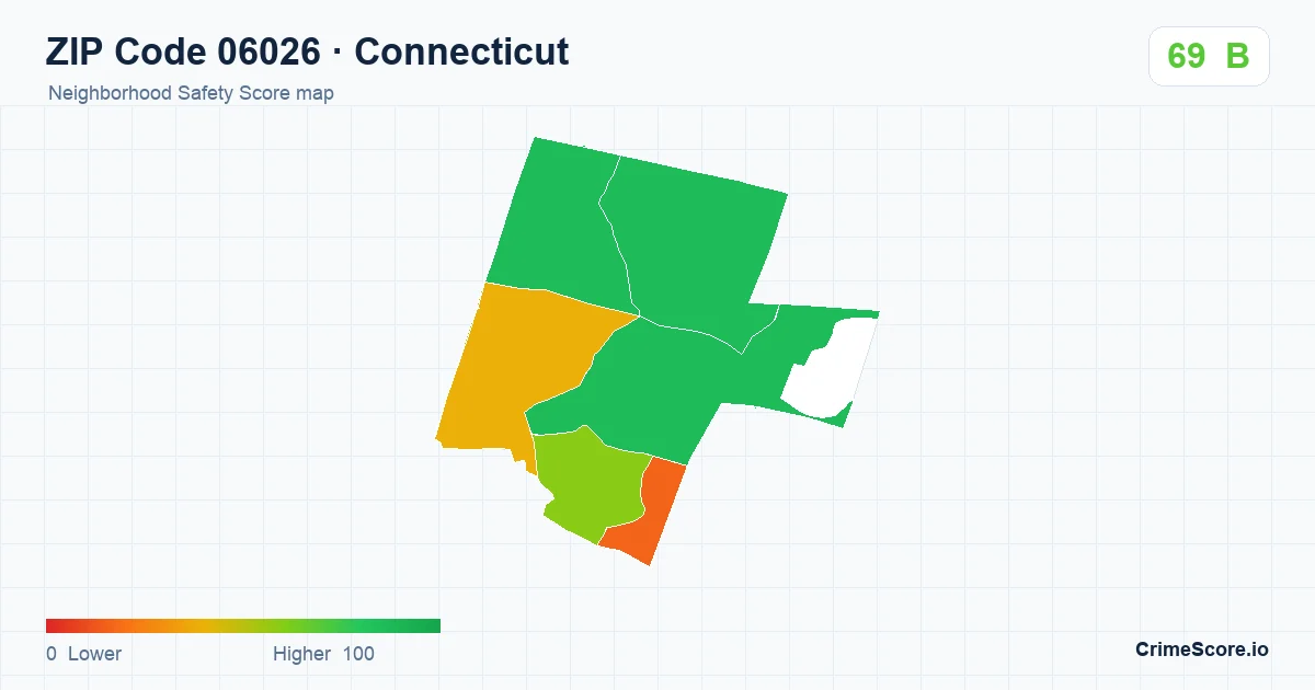 ZIP Code 06026 in Connecticut neighborhood Safety Score map