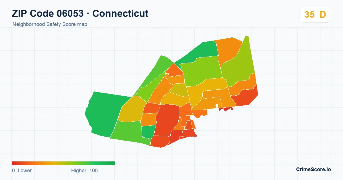 ZIP Code 06053 in Connecticut neighborhood Safety Score map