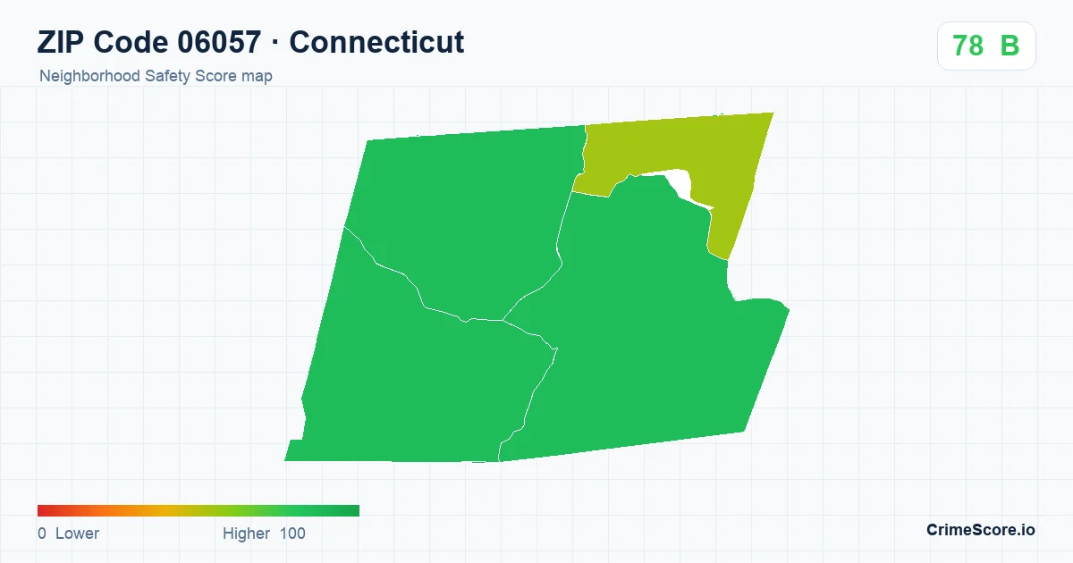 ZIP Code 06057 in Connecticut neighborhood Safety Score map