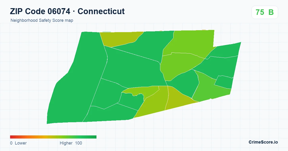 ZIP Code 06074 in Connecticut neighborhood Safety Score map