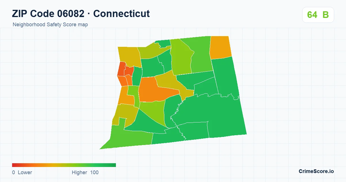 ZIP Code 06082 in Connecticut neighborhood Safety Score map