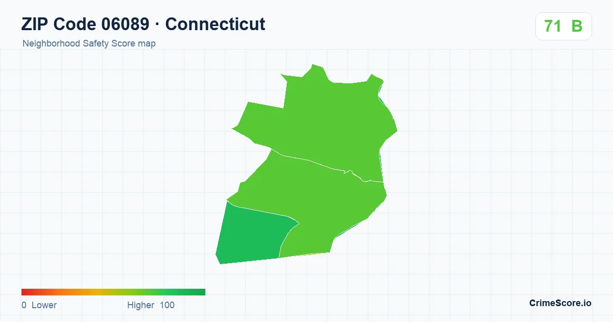 ZIP Code 06089 in Connecticut neighborhood Safety Score map