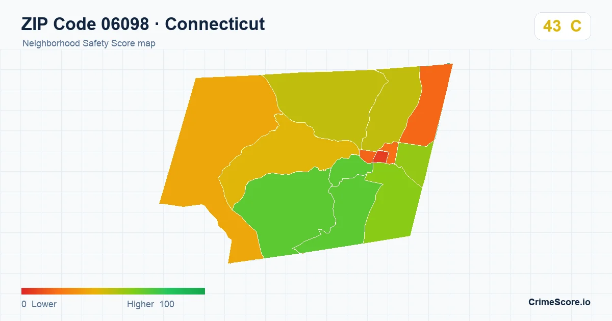 ZIP Code 06098 in Connecticut neighborhood Safety Score map