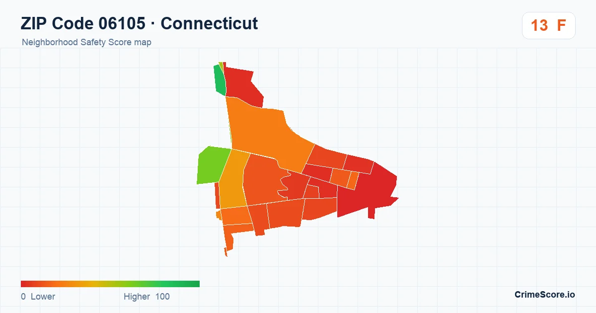 ZIP Code 06105 in Connecticut neighborhood Safety Score map