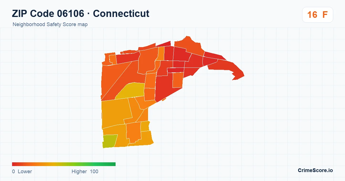 ZIP Code 06106 in Connecticut neighborhood Safety Score map