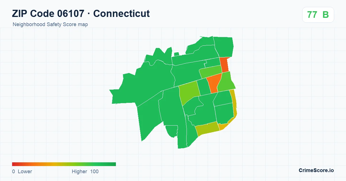 ZIP Code 06107 in Connecticut neighborhood Safety Score map