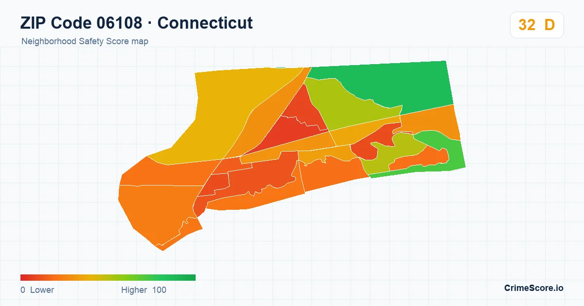 ZIP Code 06108 in Connecticut neighborhood Safety Score map
