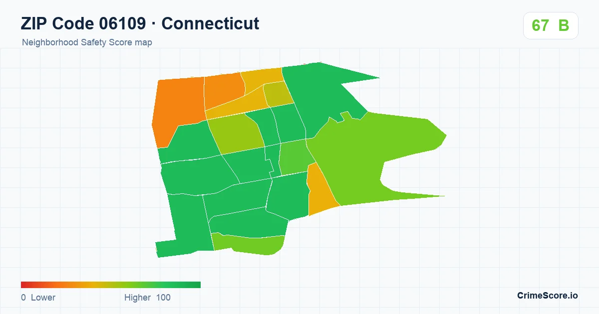ZIP Code 06109 in Connecticut neighborhood Safety Score map