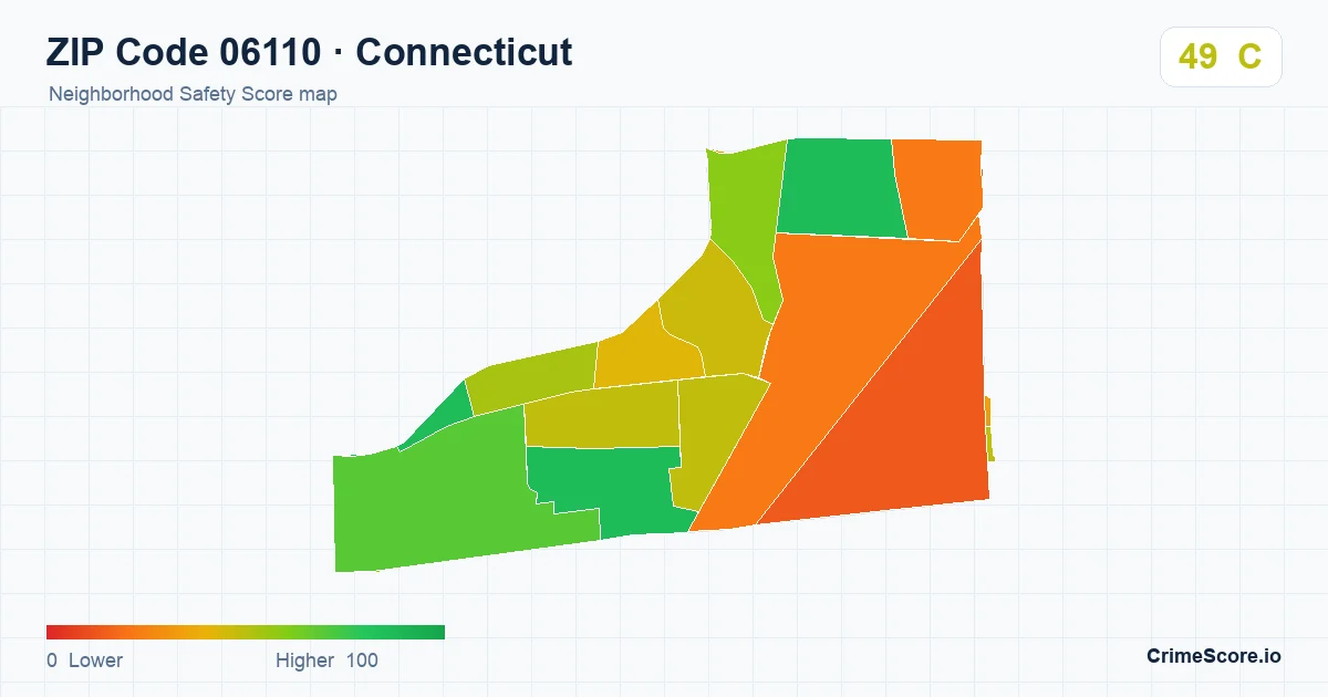 ZIP Code 06110 in Connecticut neighborhood Safety Score map