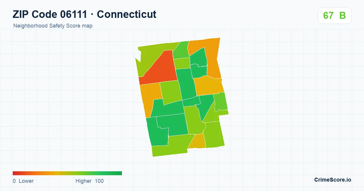 ZIP Code 06111 in Connecticut neighborhood Safety Score map