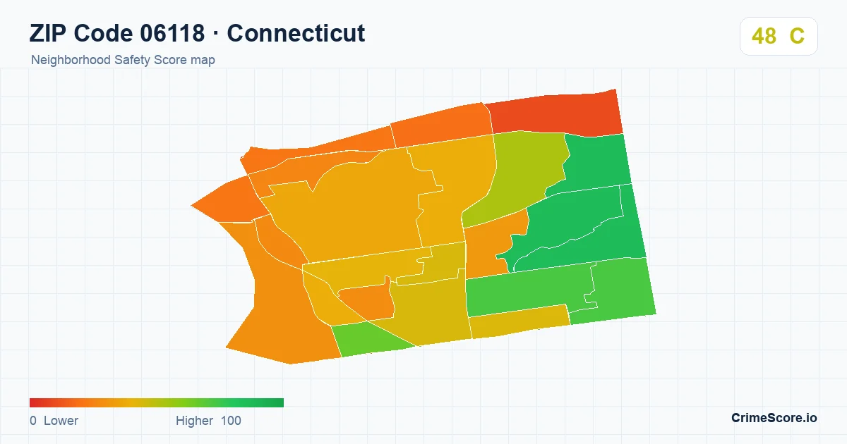 ZIP Code 06118 in Connecticut neighborhood Safety Score map