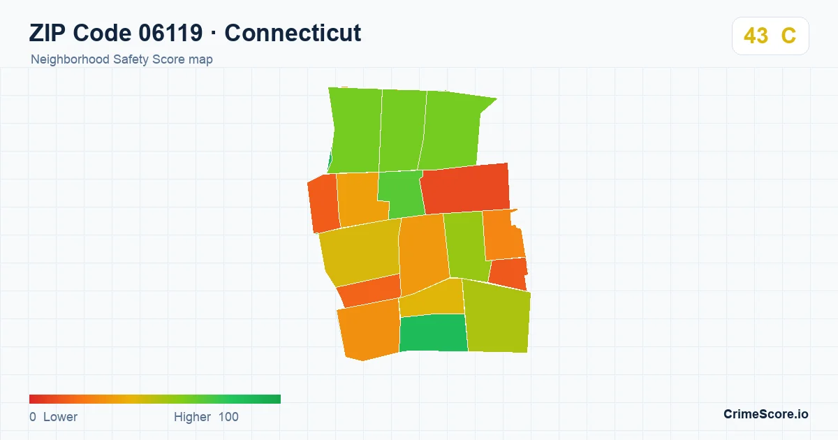 ZIP Code 06119 in Connecticut neighborhood Safety Score map