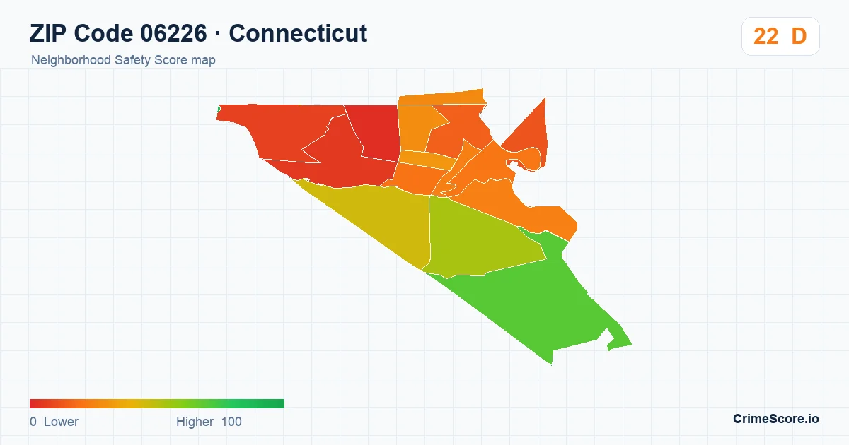 ZIP Code 06226 in Connecticut neighborhood Safety Score map