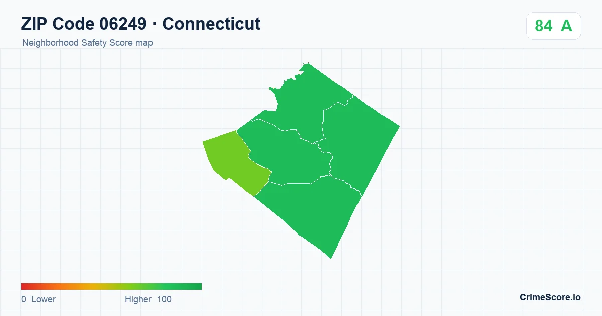 ZIP Code 06249 in Connecticut neighborhood Safety Score map