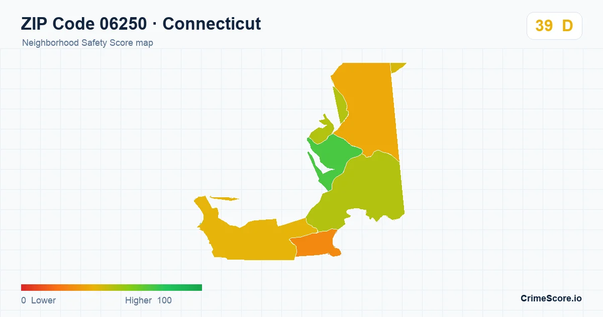 ZIP Code 06250 in Connecticut neighborhood Safety Score map