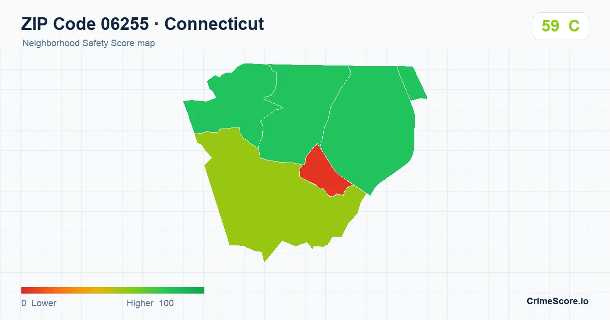 ZIP Code 06255 in Connecticut neighborhood Safety Score map