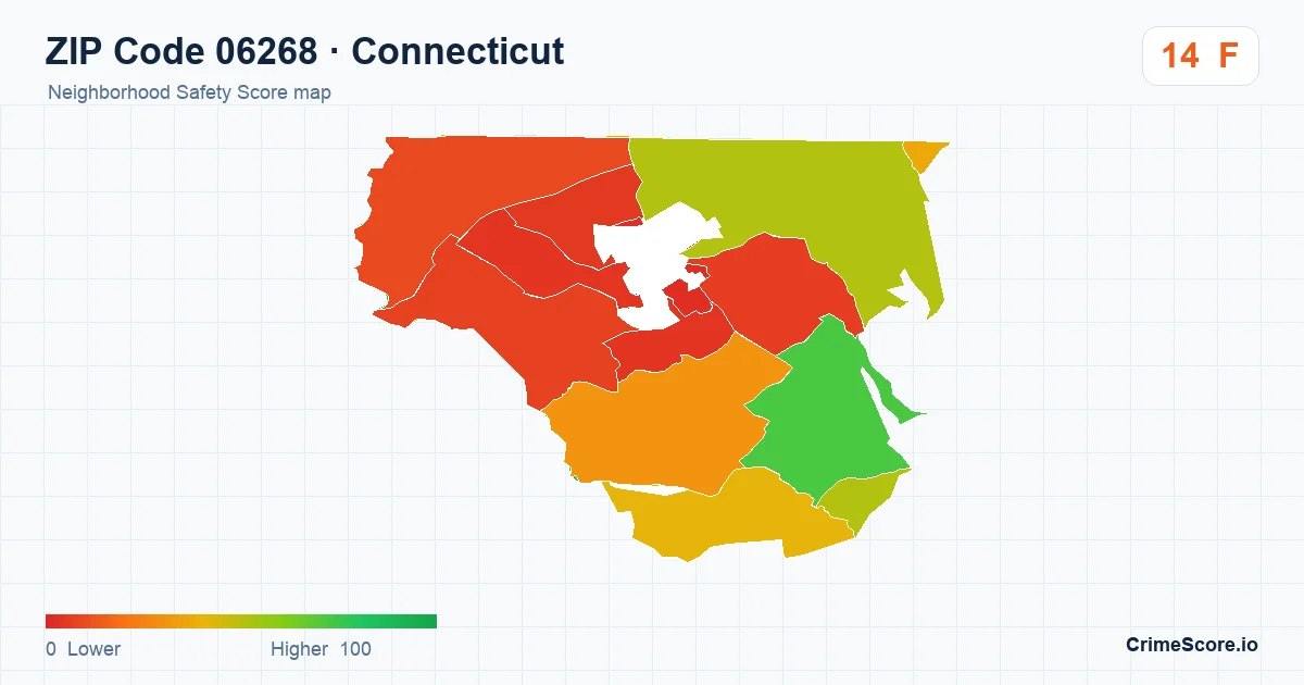 ZIP Code 06268 in Connecticut neighborhood Safety Score map