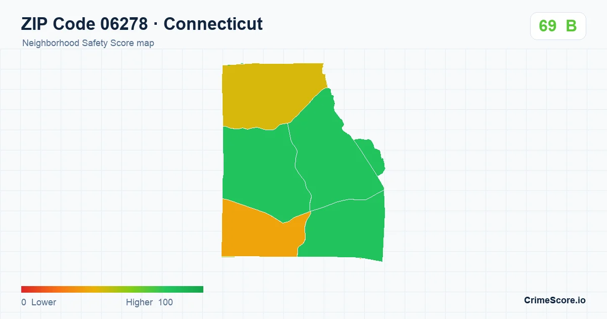 ZIP Code 06278 in Connecticut neighborhood Safety Score map