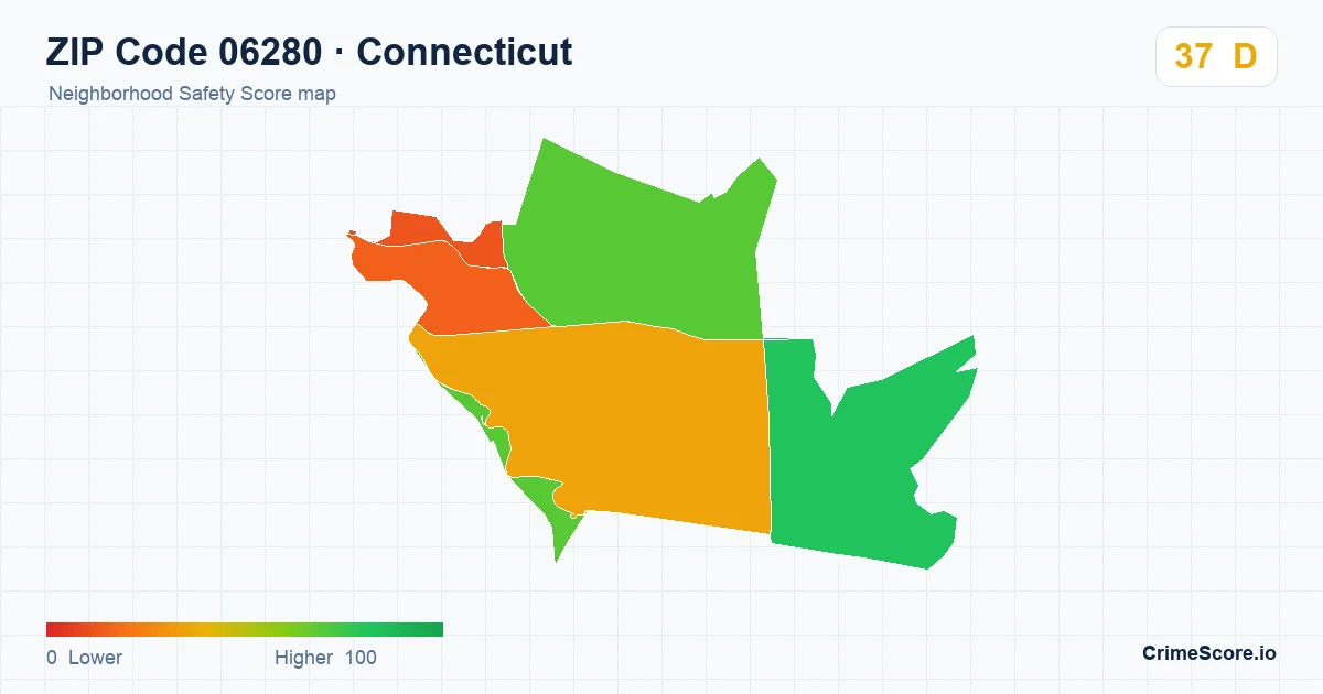 ZIP Code 06280 in Connecticut neighborhood Safety Score map