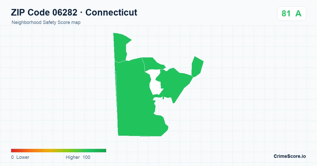 ZIP Code 06282 in Connecticut neighborhood Safety Score map