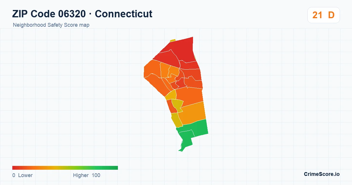 ZIP Code 06320 in Connecticut neighborhood Safety Score map