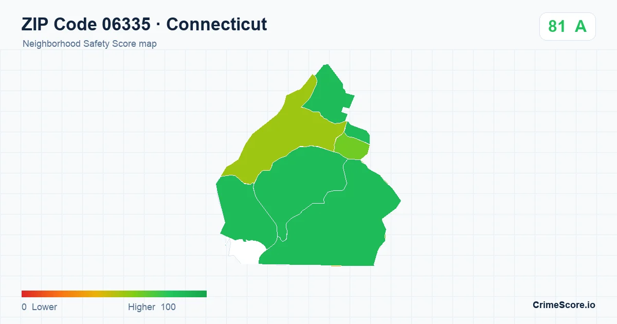 ZIP Code 06335 in Connecticut neighborhood Safety Score map