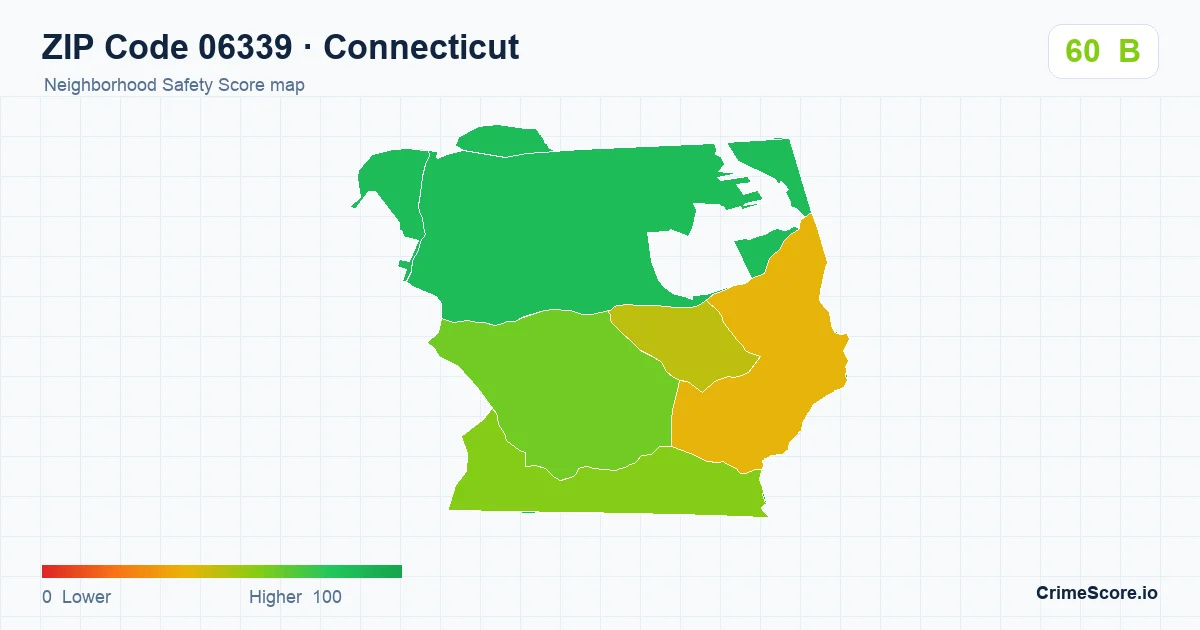 ZIP Code 06339 in Connecticut neighborhood Safety Score map