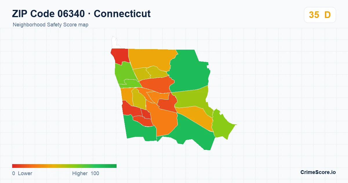 ZIP Code 06340 in Connecticut neighborhood Safety Score map