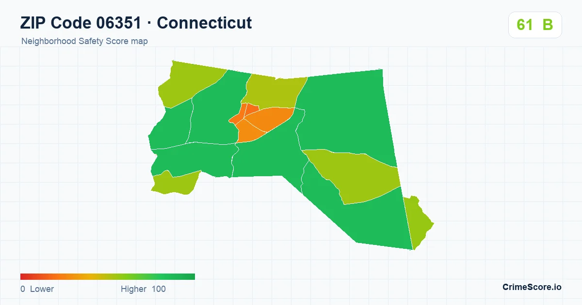 ZIP Code 06351 in Connecticut neighborhood Safety Score map