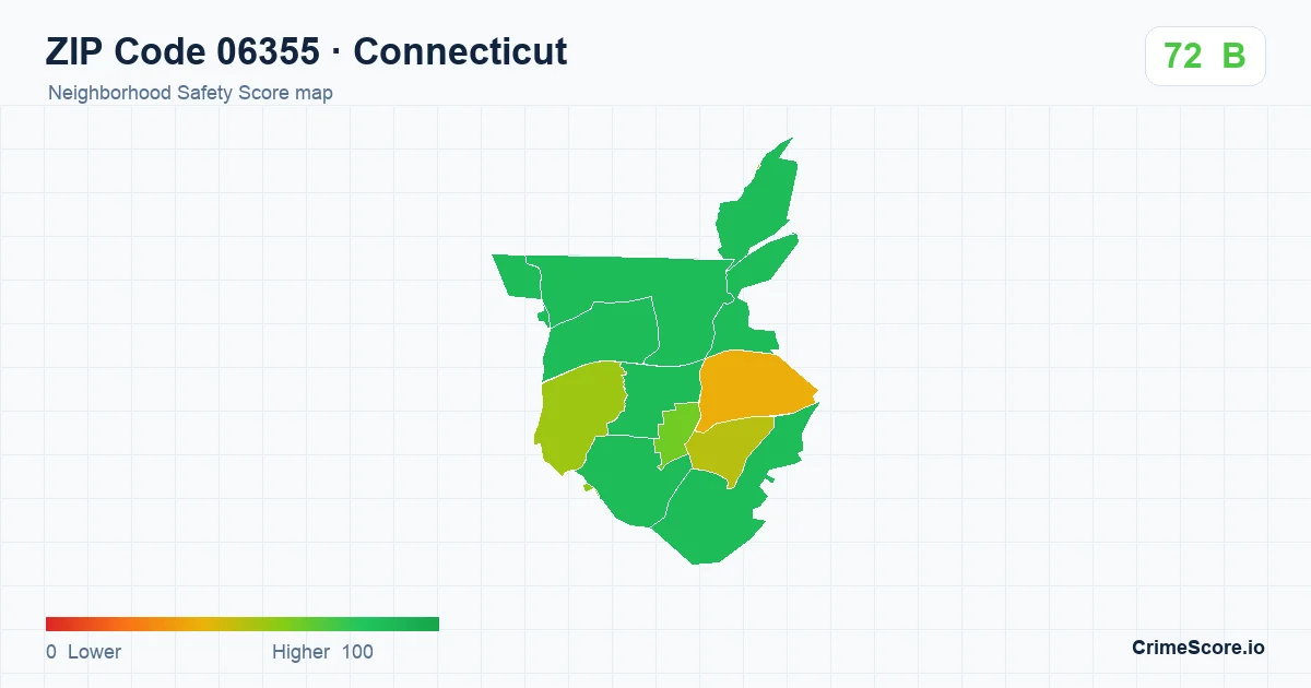 ZIP Code 06355 in Connecticut neighborhood Safety Score map