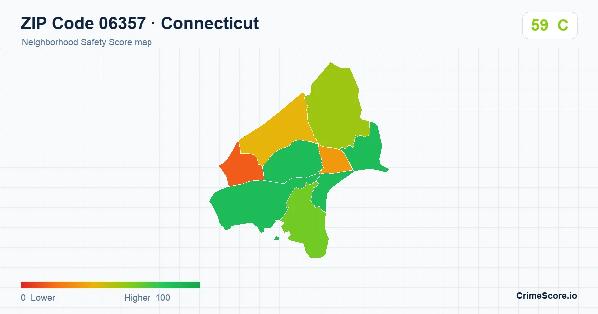 ZIP Code 06357 in Connecticut neighborhood Safety Score map