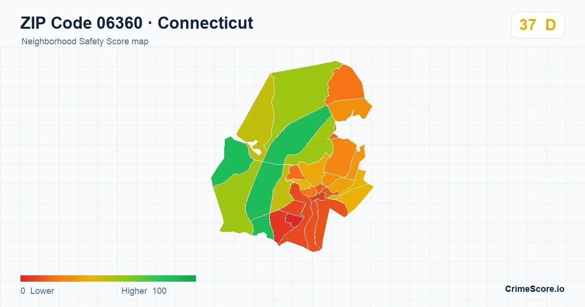 ZIP Code 06360 in Connecticut neighborhood Safety Score map